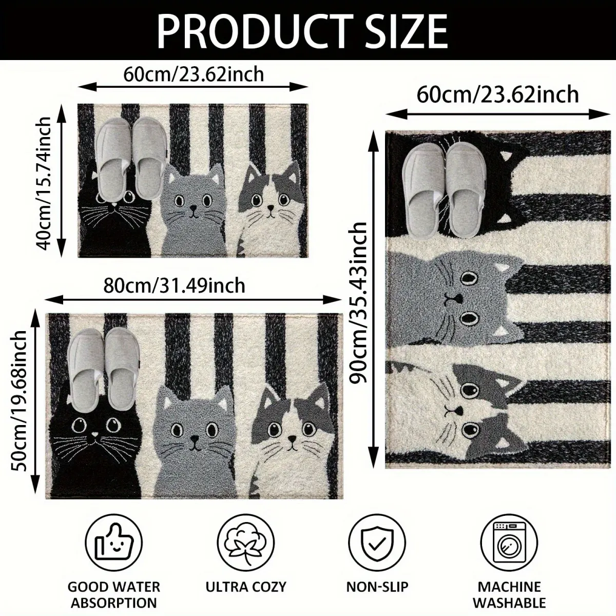 VIKAMA Striped Cartoon Cat Soft Doormat - Waterproof Floor Mat Rug for Bedroom, Living Room, and Outdoor Use - Durable Home Decor Accent showcase 6