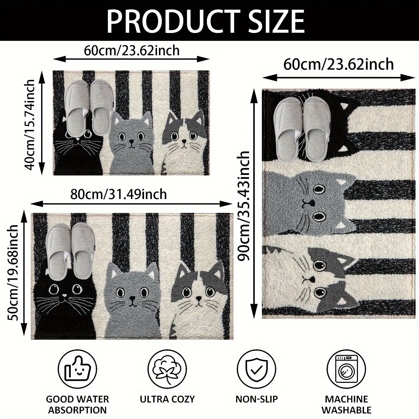 VIKAMA Striped Cartoon Cat Soft Doormat - Waterproof Floor Mat Rug for Bedroom, Living Room, and Outdoor Use - Durable Home Decor Accent thumbnail 4