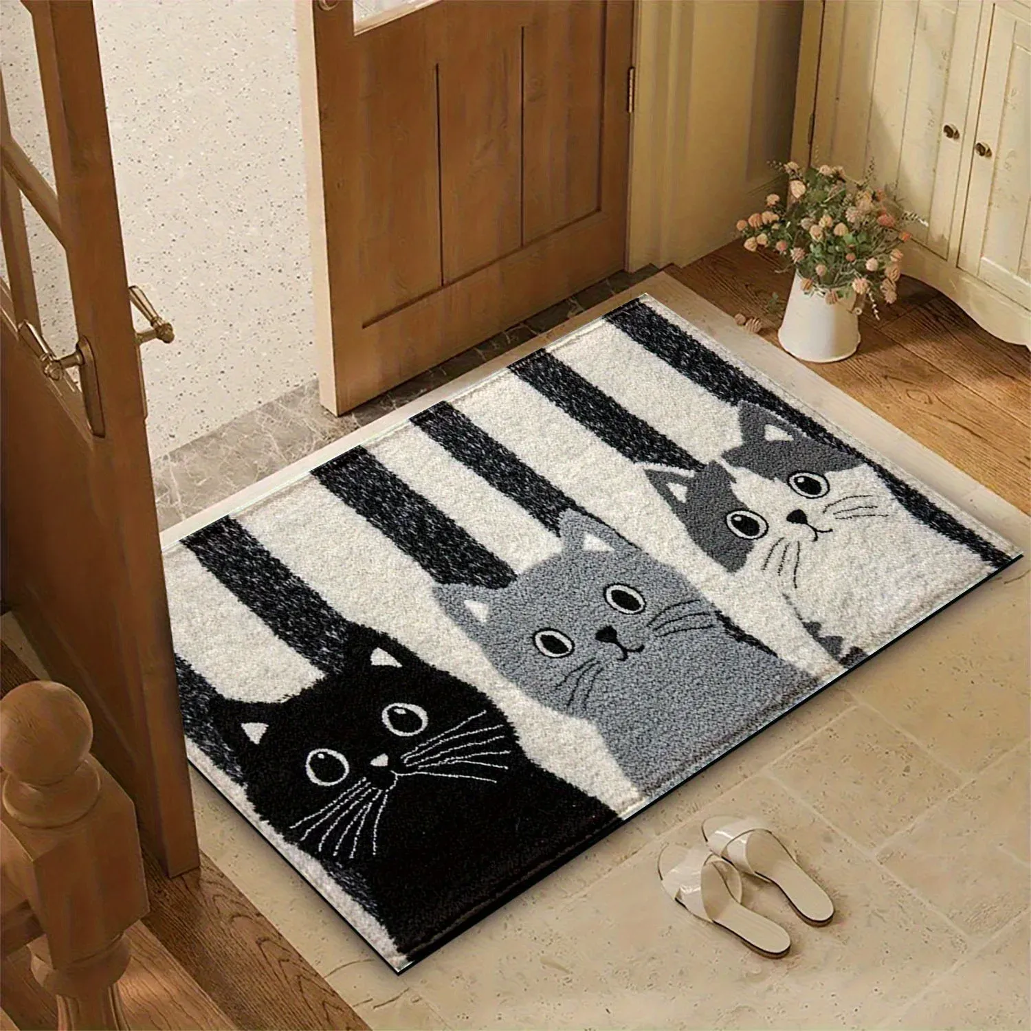 VIKAMA Striped Cartoon Cat Soft Doormat - Waterproof Floor Mat Rug for Bedroom, Living Room, and Outdoor Use - Durable Home Decor Accent thumbnail 5