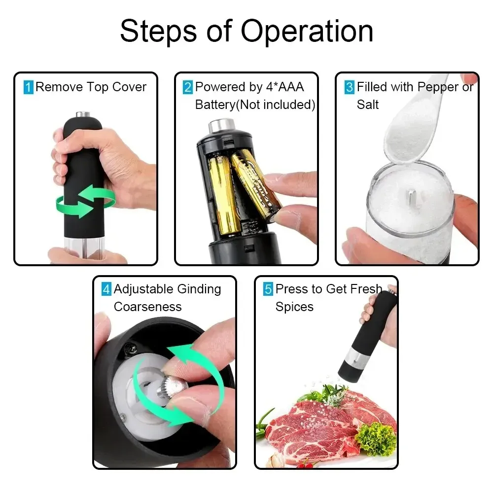 Electric Automatic Pepper Salt Grinder with LED Light - Adjustable Coarseness Spice Mill for Kitchen Cooking, Durable Plastic, Battery Operated thumbnail 5