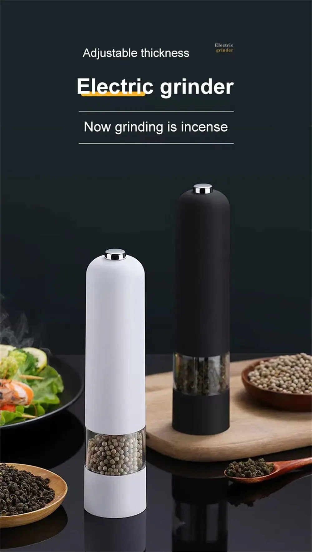 Electric Automatic Pepper Salt Grinder with LED Light - Adjustable Coarseness Spice Mill for Kitchen Cooking, Durable Plastic, Battery Operated showcase 1