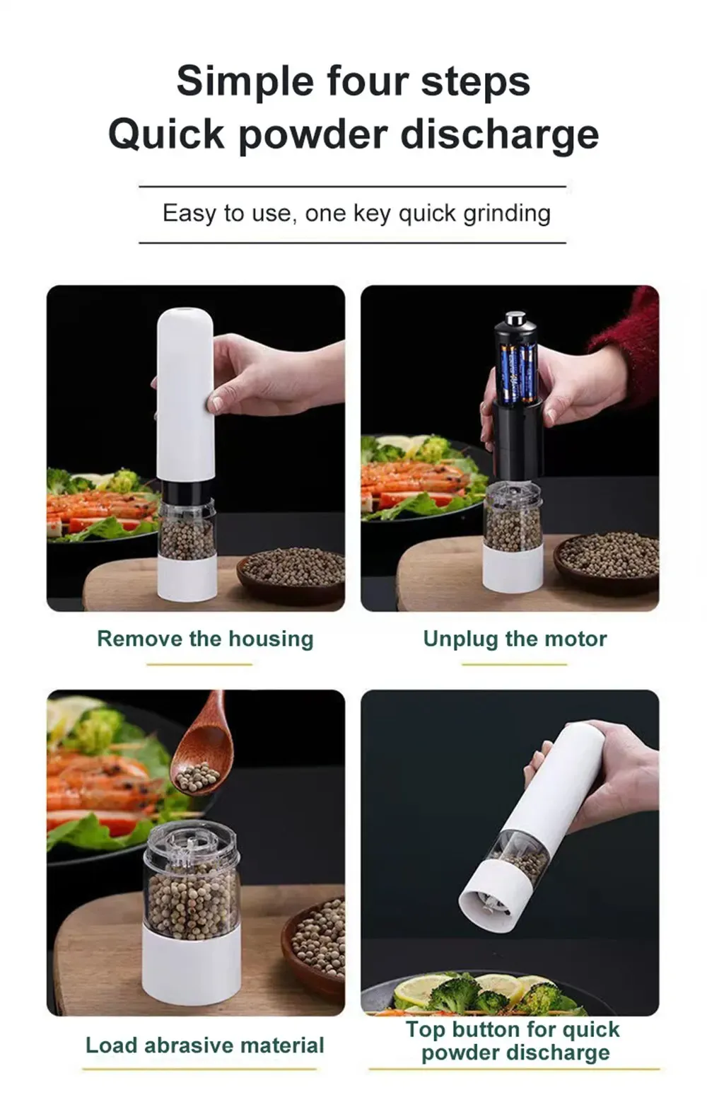 Electric Automatic Pepper Salt Grinder with LED Light - Adjustable Coarseness Spice Mill for Kitchen Cooking, Durable Plastic, Battery Operated showcase 4