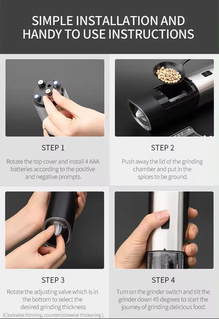 Electric Automatic Pepper Grinder Set - Rechargeable Salt and Pepper Mill with Adjustable Coarseness, LED Light, Stainless Steel/ABS, Kitchen Spice Grinder showcase 12