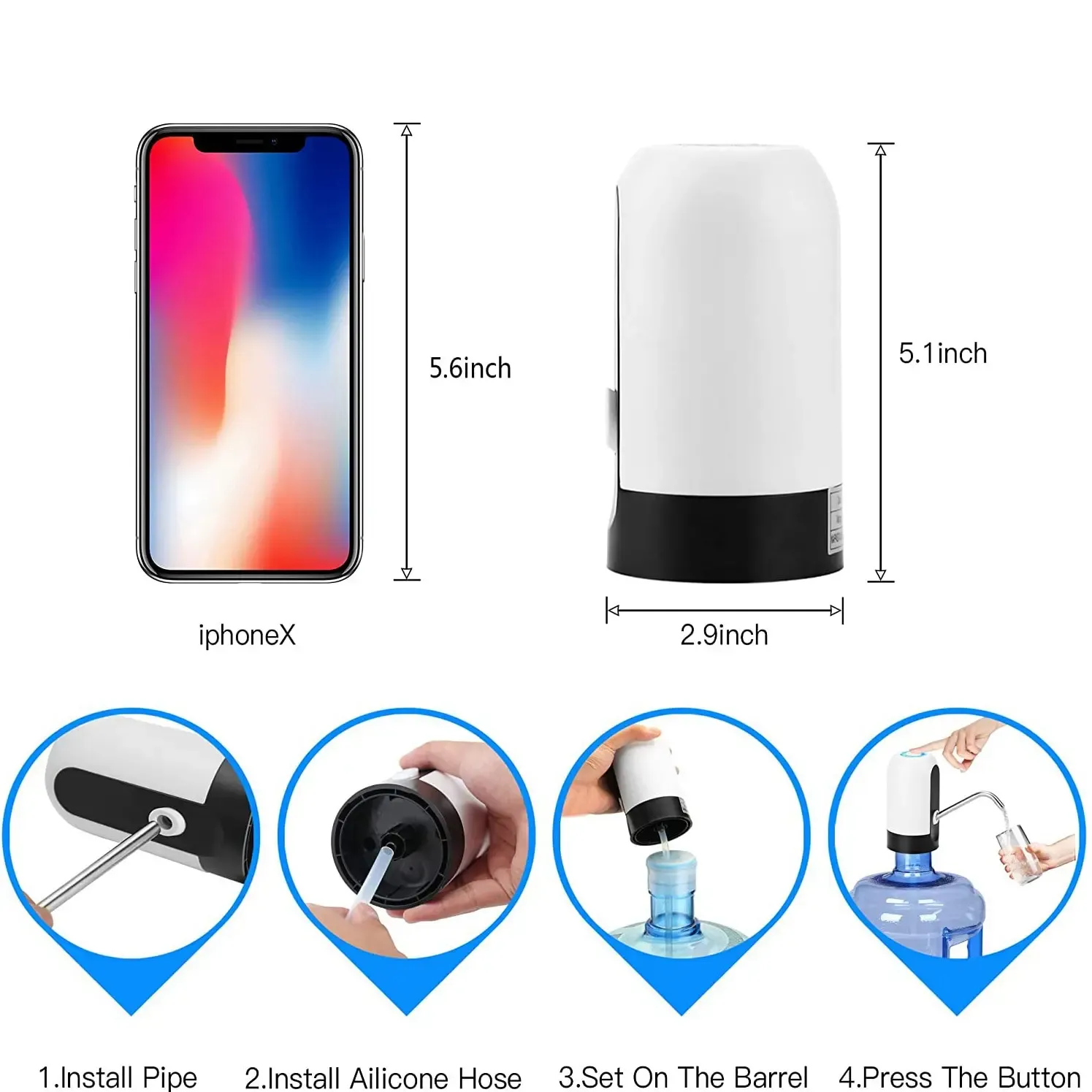 USB Rechargeable Automatic Water Bottle Pump Dispenser - One-Click Switch, Fast Flow, Fits All Barrels - Ideal for Home & Office thumbnail 6