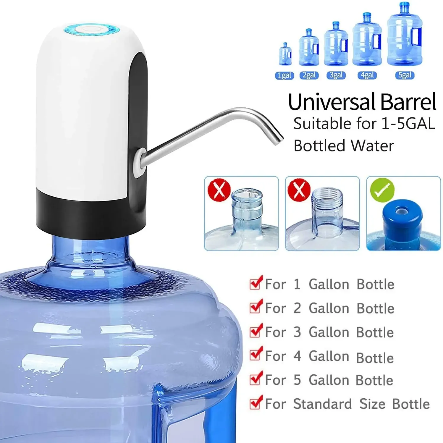 USB Rechargeable Automatic Water Bottle Pump Dispenser - One-Click Switch, Fast Flow, Fits All Barrels - Ideal for Home & Office thumbnail 2