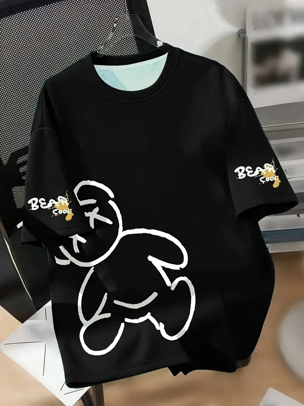 Summer Men's Breathable Cartoon Bear Print T-Shirt Round Neck Casual Short Sleeve Top for Daily Wear & Gifting thumbnail 3