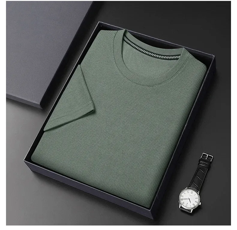 Men's Summer Waffle Knit Round Neck Short Sleeve T-Shirt - Breathable Casual Top for Everyday Wear showcase 4