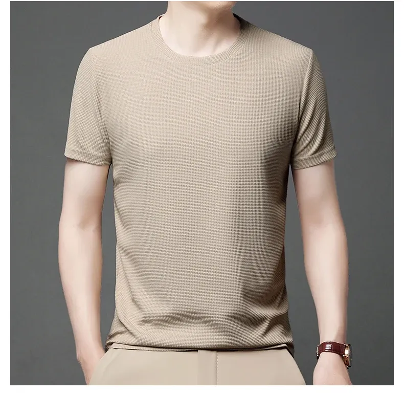 Men's Summer Waffle Knit Round Neck Short Sleeve T-Shirt - Breathable Casual Top for Everyday Wear showcase 18