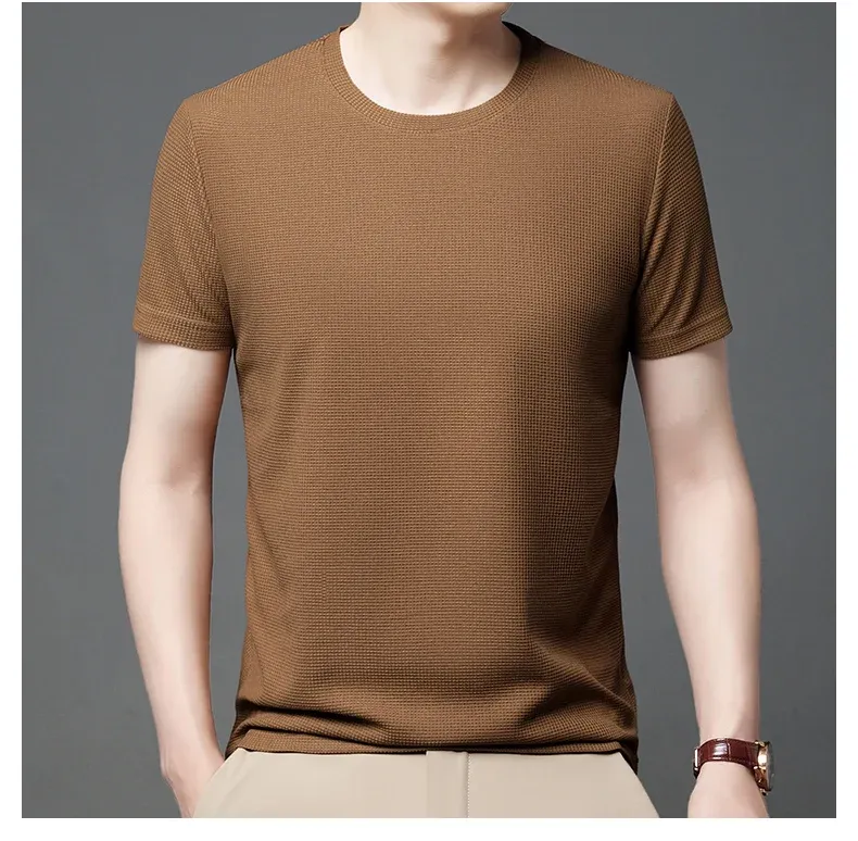 Men's Summer Waffle Knit Round Neck Short Sleeve T-Shirt - Breathable Casual Top for Everyday Wear showcase 19