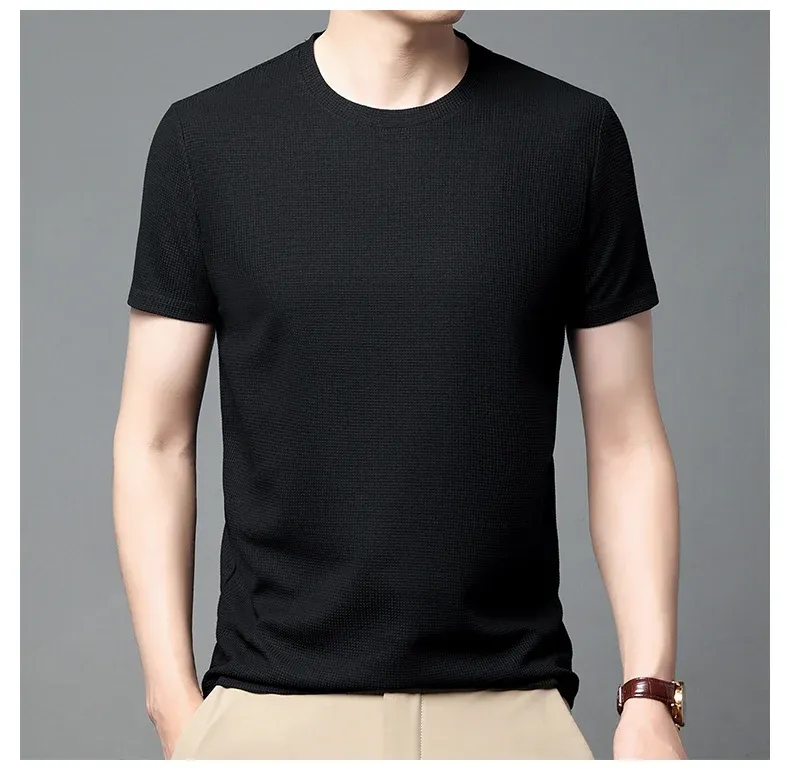 Men's Summer Waffle Knit Round Neck Short Sleeve T-Shirt - Breathable Casual Top for Everyday Wear showcase 22