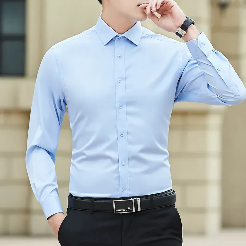 Plus Size Men's Solid White Long Sleeve Business Casual Shirt - Slim Fit Cotton Polyester Blend for Spring/Autumn thumbnail 4