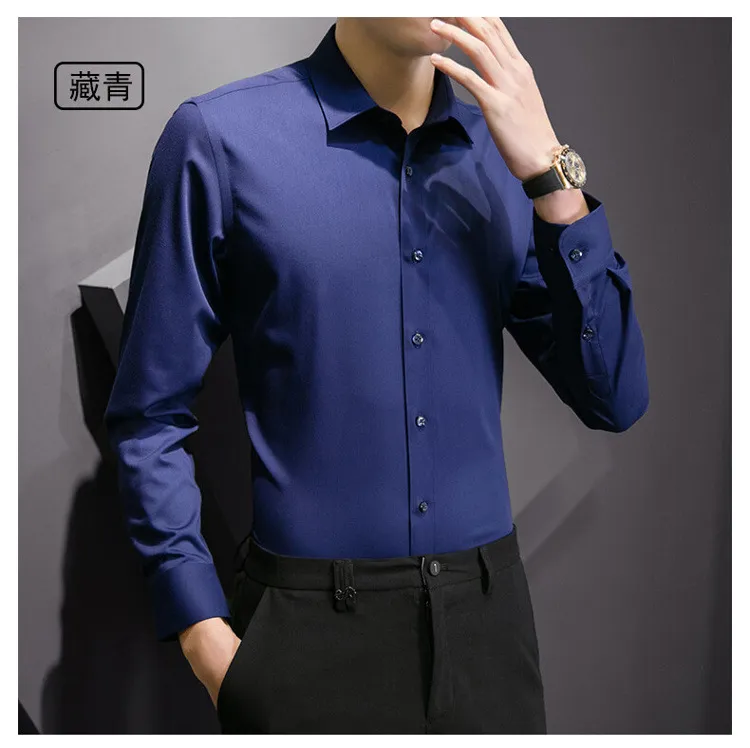 Plus Size Men's Solid White Long Sleeve Business Casual Shirt - Slim Fit Cotton Polyester Blend for Spring/Autumn showcase 14