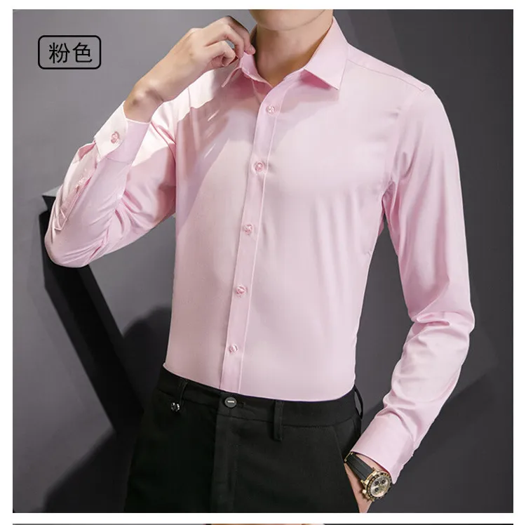 Plus Size Men's Solid White Long Sleeve Business Casual Shirt - Slim Fit Cotton Polyester Blend for Spring/Autumn showcase 11