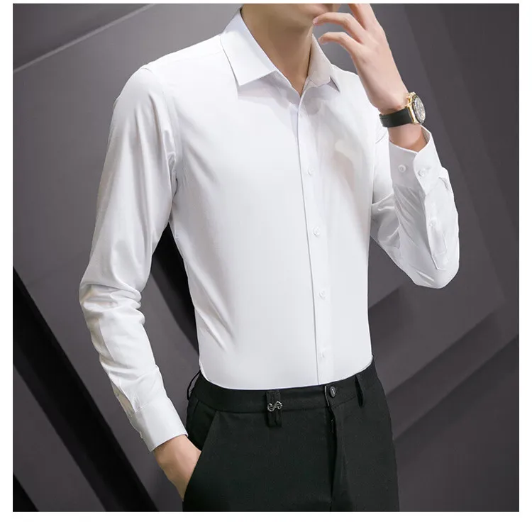 Plus Size Men's Solid White Long Sleeve Business Casual Shirt - Slim Fit Cotton Polyester Blend for Spring/Autumn showcase 6
