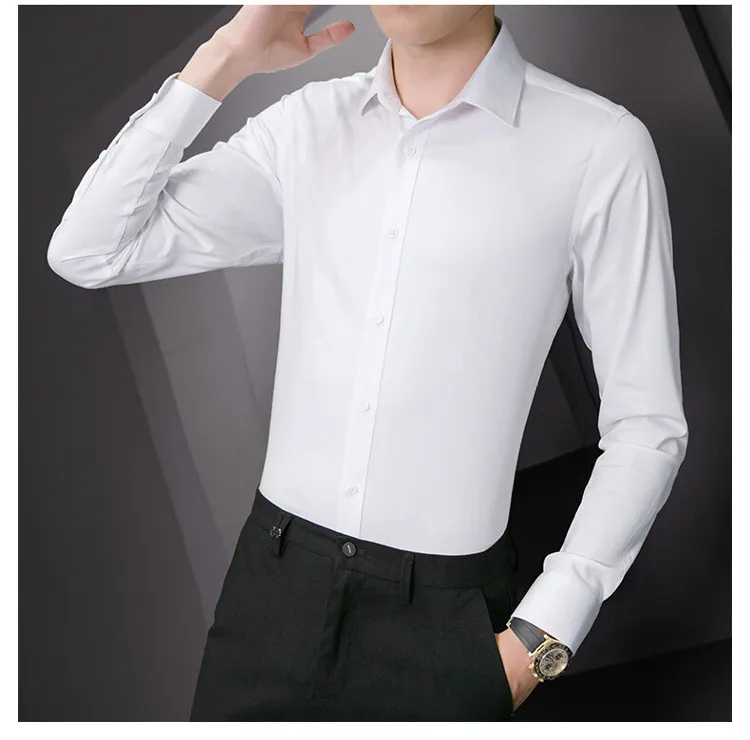 Plus Size Men's Solid White Long Sleeve Business Casual Shirt - Slim Fit Cotton Polyester Blend for Spring/Autumn showcase 7