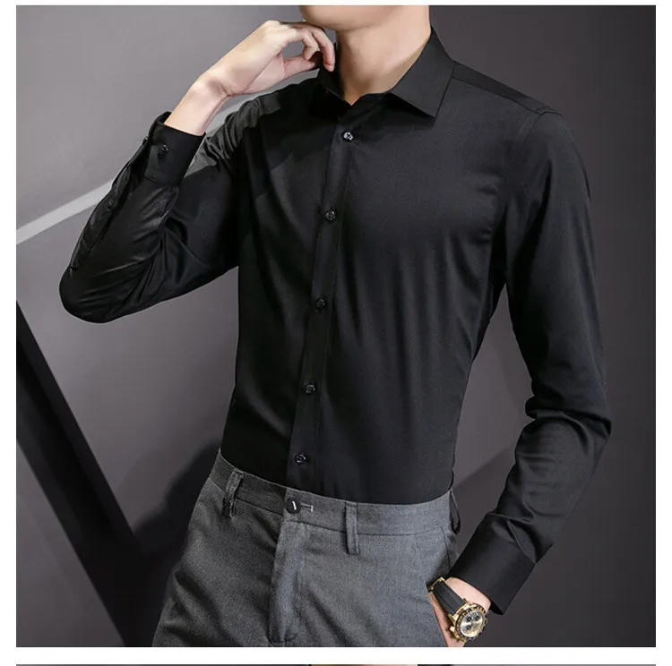 Plus Size Men's Solid White Long Sleeve Business Casual Shirt - Slim Fit Cotton Polyester Blend for Spring/Autumn showcase 9