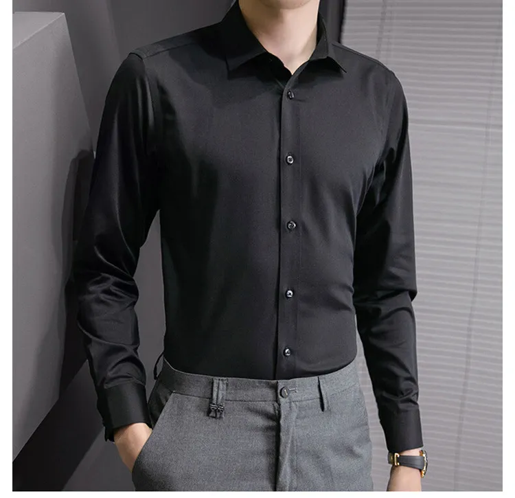 Plus Size Men's Solid White Long Sleeve Business Casual Shirt - Slim Fit Cotton Polyester Blend for Spring/Autumn showcase 10