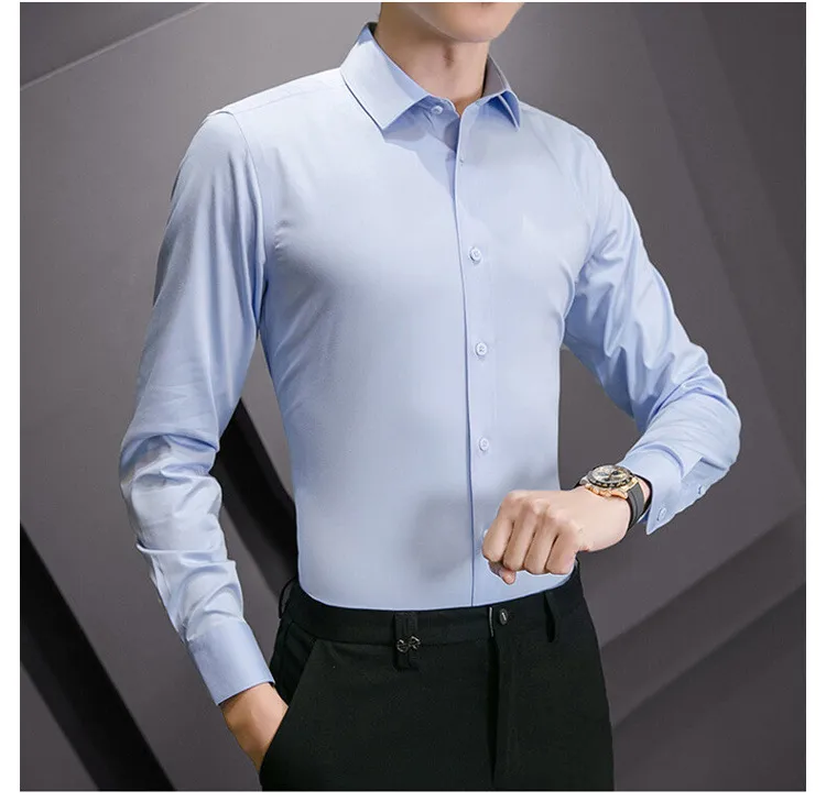 Plus Size Men's Solid White Long Sleeve Business Casual Shirt - Slim Fit Cotton Polyester Blend for Spring/Autumn showcase 18