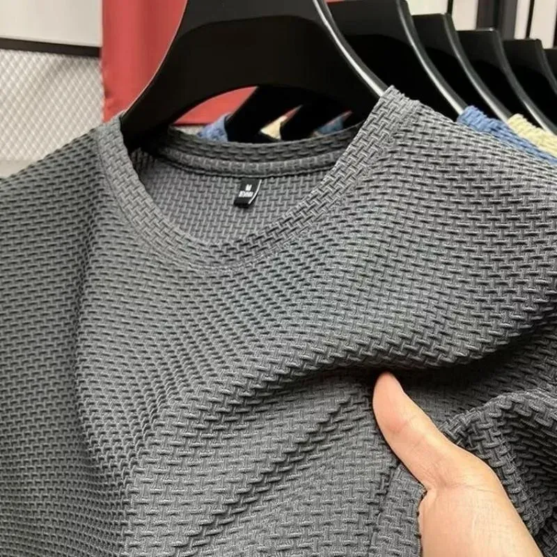Men's Ice Silk Mesh T-Shirt Short Sleeve Round Neck Breathable Solid Color Summer Top for Casual Wear thumbnail 4