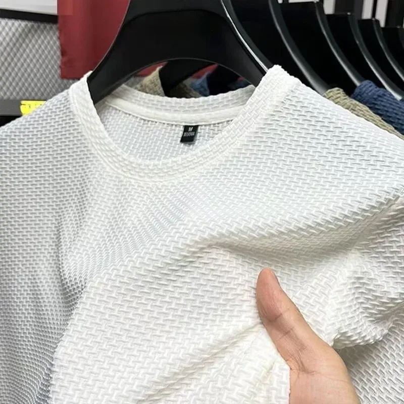 Men's Ice Silk Mesh T-Shirt Short Sleeve Round Neck Breathable Solid Color Summer Top for Casual Wear thumbnail 5