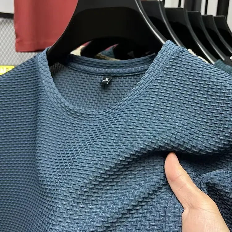 Men's Ice Silk Mesh T-Shirt Short Sleeve Round Neck Breathable Solid Color Summer Top for Casual Wear showcase 17