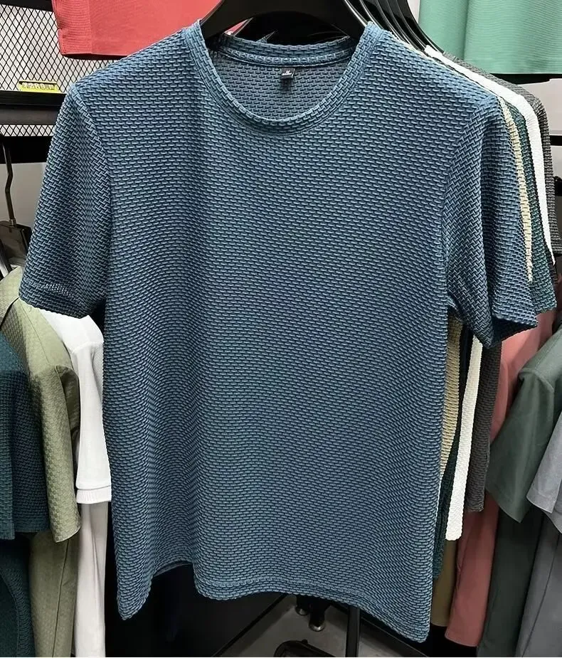 Men's Ice Silk Mesh T-Shirt Short Sleeve Round Neck Breathable Solid Color Summer Top for Casual Wear showcase 13