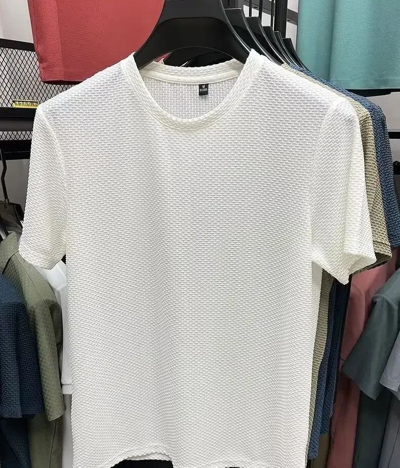 Men's Ice Silk Mesh T-Shirt Short Sleeve Round Neck Breathable Solid Color Summer Top for Casual Wear showcase 3