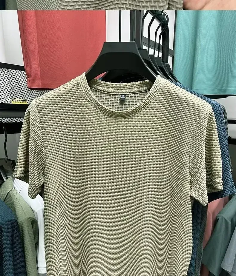 Men's Ice Silk Mesh T-Shirt Short Sleeve Round Neck Breathable Solid Color Summer Top for Casual Wear showcase 10