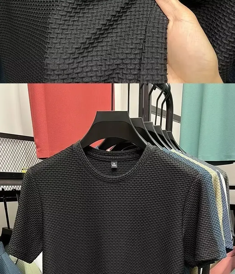 Men's Ice Silk Mesh T-Shirt Short Sleeve Round Neck Breathable Solid Color Summer Top for Casual Wear showcase 5