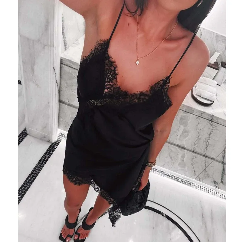 Women's Black Lace Slip Dress - Backless Asymmetric Summer Party Dress, Satin Sexy Mini Dress for Evening Wear thumbnail 2