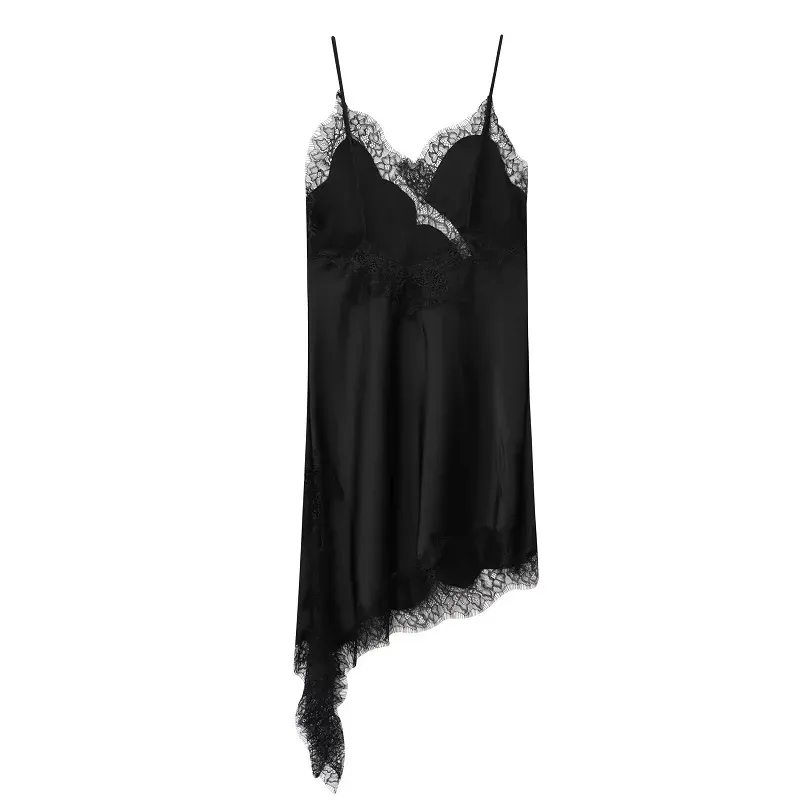 Women's Black Lace Slip Dress - Backless Asymmetric Summer Party Dress, Satin Sexy Mini Dress for Evening Wear thumbnail 4