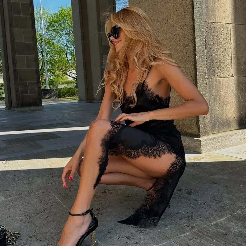 Women's Black Lace Slip Dress - Backless Asymmetric Summer Party Dress, Satin Sexy Mini Dress for Evening Wear thumbnail 6