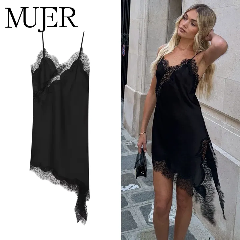 Women's Black Lace Slip Dress - Backless Asymmetric Summer Party Dress, Satin Sexy Mini Dress for Evening Wear thumbnail 1