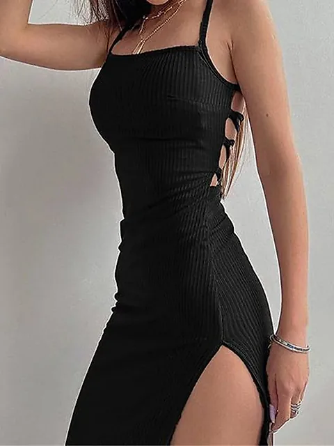 Women's Sexy Black Sleeveless Bodycon Halter Neck Maxi Dress with High Split and Spaghetti Straps for Summer Evenings
