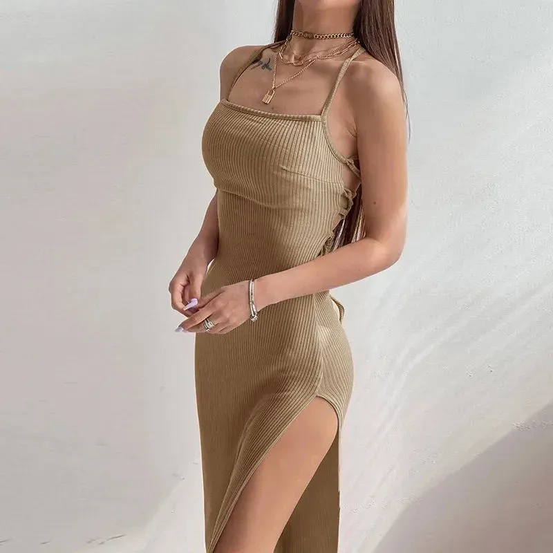Women's Sexy Black Sleeveless Bodycon Halter Neck Maxi Dress with High Split and Spaghetti Straps for Summer Evenings showcase 11