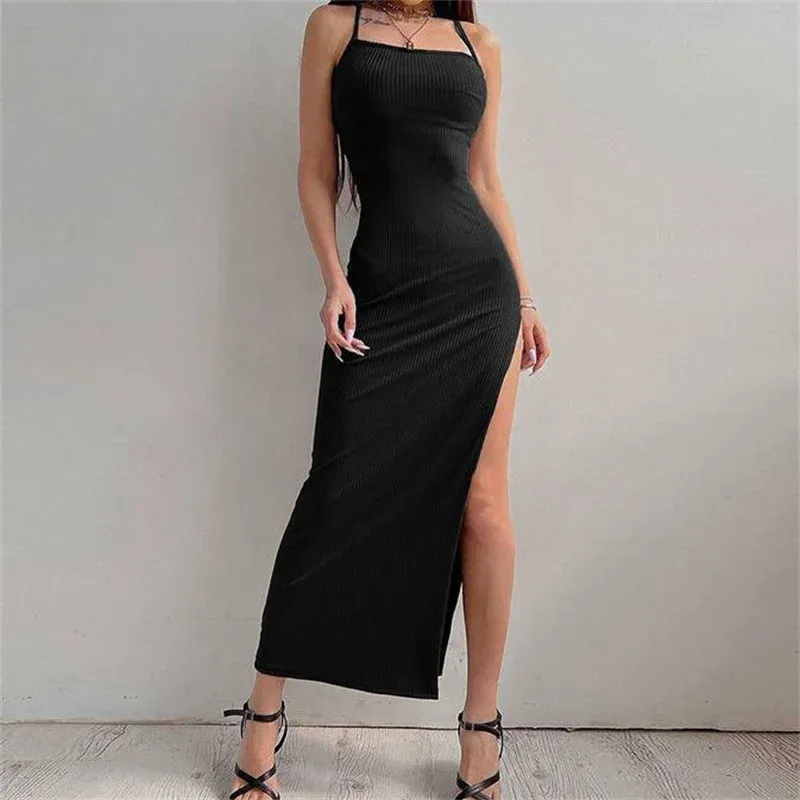 Women's Sexy Black Sleeveless Bodycon Halter Neck Maxi Dress with High Split and Spaghetti Straps for Summer Evenings showcase 8