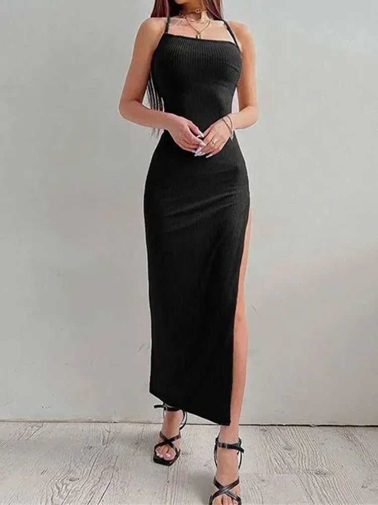 Women's Sexy Black Sleeveless Bodycon Halter Neck Maxi Dress with High Split and Spaghetti Straps for Summer Evenings thumbnail 6