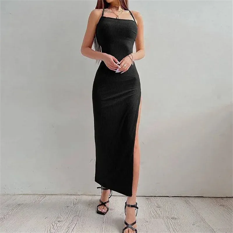 Women's Sexy Black Sleeveless Bodycon Halter Neck Maxi Dress with High Split and Spaghetti Straps for Summer Evenings showcase 7