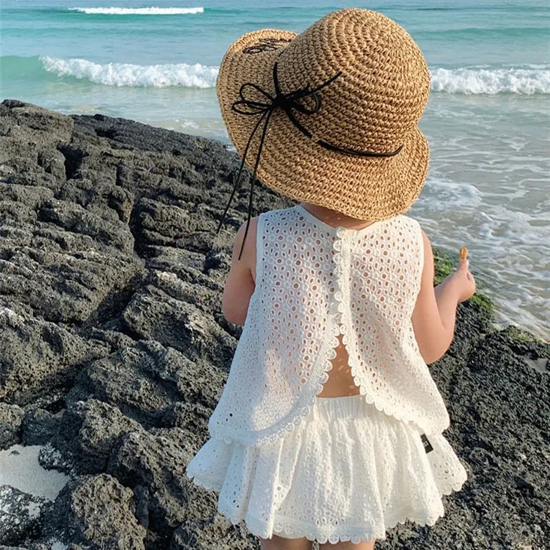 Girls Summer Hollow Lace T-Shirt & Shorts Set - Baby Casual Sleeveless Outfit for 2024 - Image 1