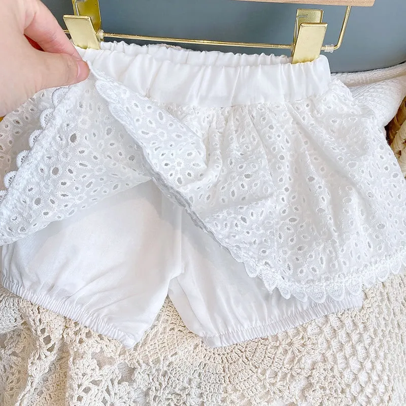 Girls Summer Hollow Lace T-Shirt & Shorts Set - Baby Casual Sleeveless Outfit for 2024 - Image 5