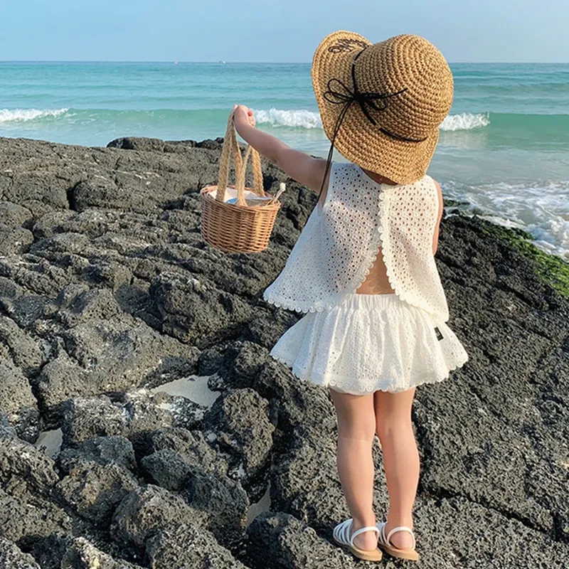 Girls Summer Hollow Lace T-Shirt & Shorts Set - Baby Casual Sleeveless Outfit for 2024 - Image 3