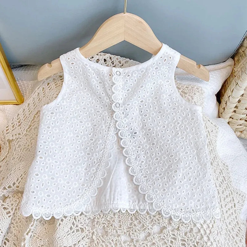 Girls Summer Hollow Lace T-Shirt & Shorts Set - Baby Casual Sleeveless Outfit for 2024 - Image 4