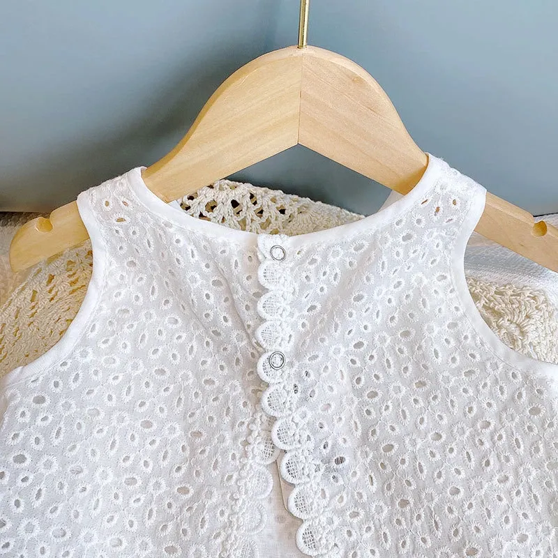 Girls Summer Hollow Lace T-Shirt & Shorts Set - Baby Casual Sleeveless Outfit for 2024 showcase 11