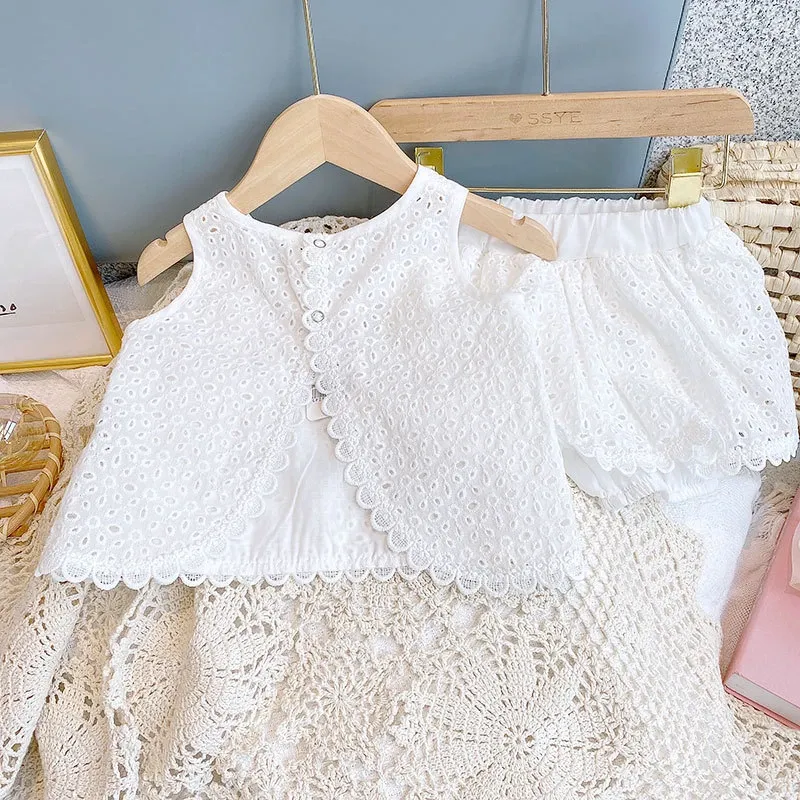 Girls Summer Hollow Lace T-Shirt & Shorts Set - Baby Casual Sleeveless Outfit for 2024 showcase 9
