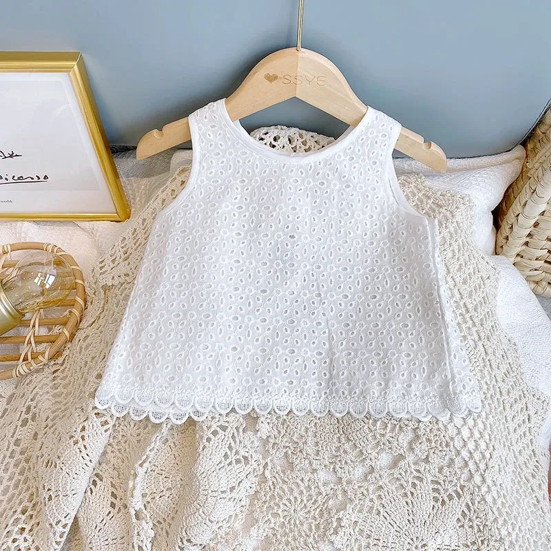 Girls Summer Hollow Lace T-Shirt & Shorts Set - Baby Casual Sleeveless Outfit for 2024 showcase 14