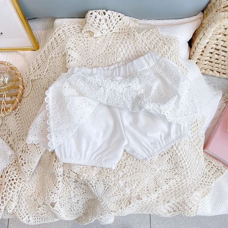 Girls Summer Hollow Lace T-Shirt & Shorts Set - Baby Casual Sleeveless Outfit for 2024 showcase 16