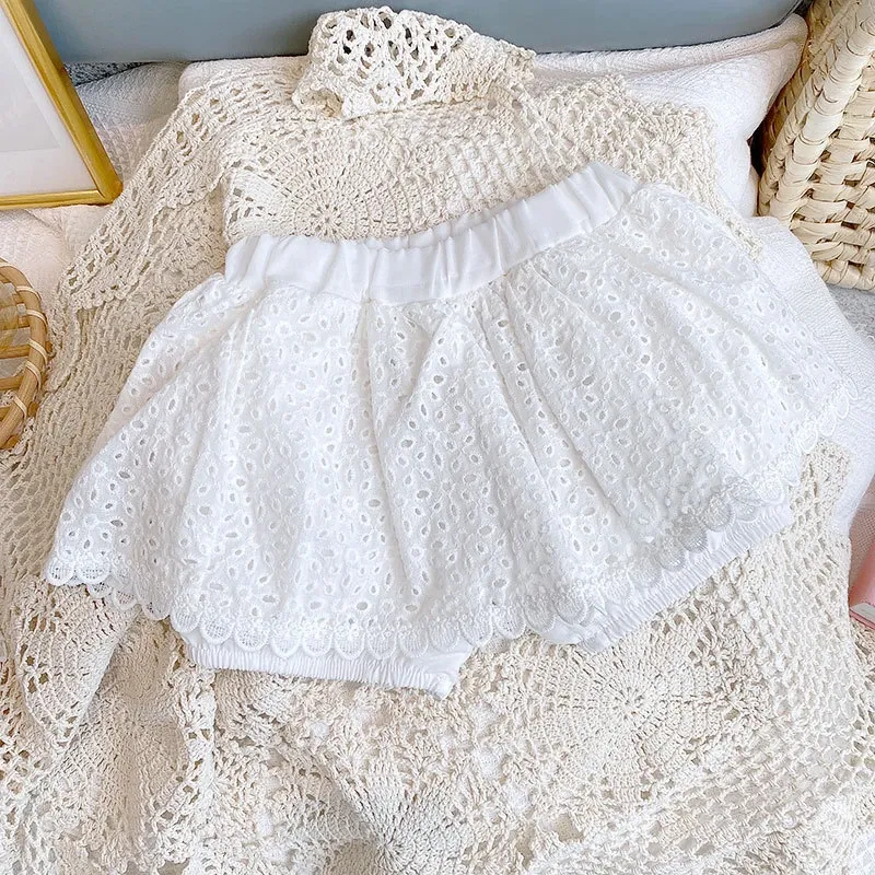 Girls Summer Hollow Lace T-Shirt & Shorts Set - Baby Casual Sleeveless Outfit for 2024 showcase 15