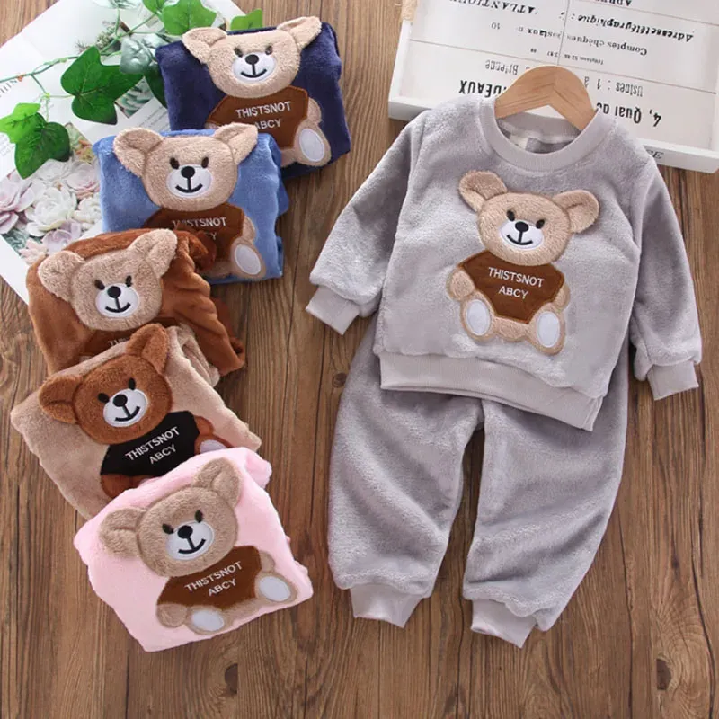 Winter Baby Girls Boys Flannel Fleece Homewear Sets, Cartoon Bear Pajamas for Kids, Autumn Fashion Sleepwear for Children thumbnail 1