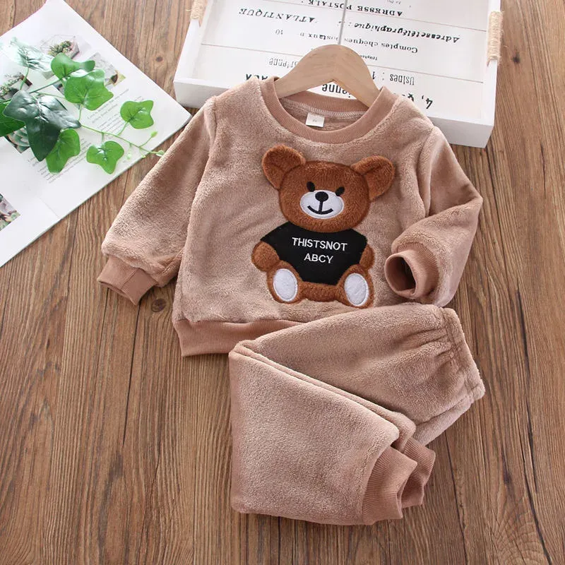 Winter Baby Girls Boys Flannel Fleece Homewear Sets, Cartoon Bear Pajamas for Kids, Autumn Fashion Sleepwear for Children thumbnail 2