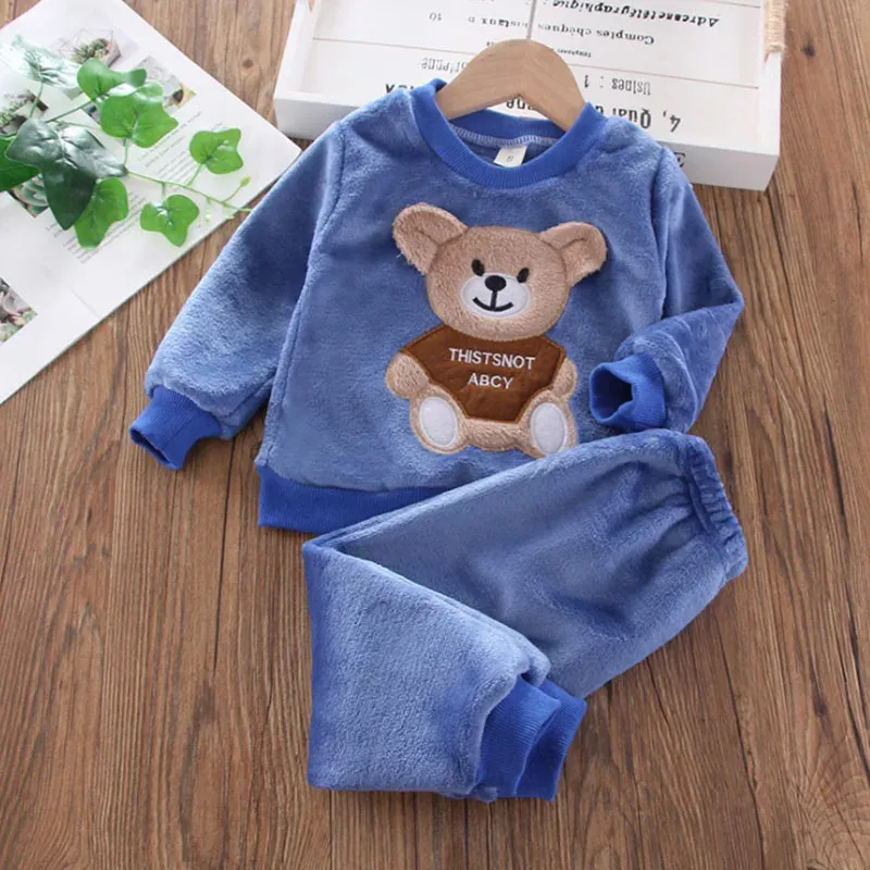 Winter Baby Girls Boys Flannel Fleece Homewear Sets, Cartoon Bear Pajamas for Kids, Autumn Fashion Sleepwear for Children thumbnail 4
